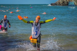 Sabrina coming out of the water on Holy Island