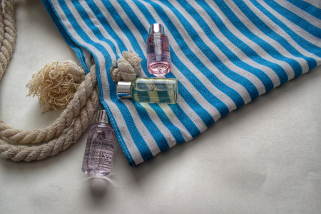 Scattered bottles on swim bag